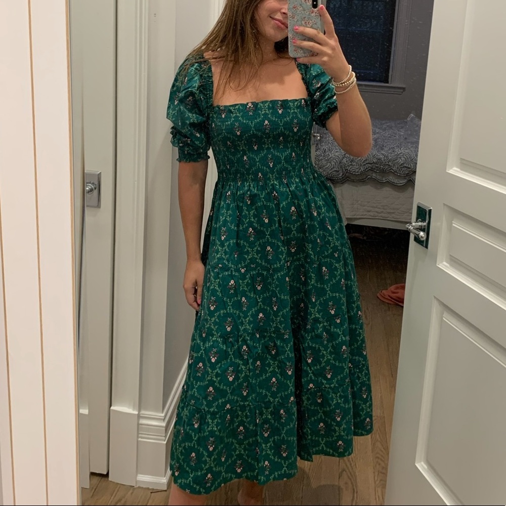 Hill House Nesli Nap Dress Emerald Trellis XS